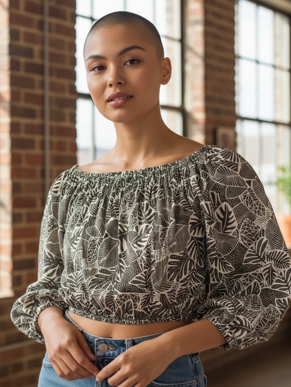 Simka Sol Palm Garden Gathered Crop Top – Bamboo Knit – L/XL – Made in USA